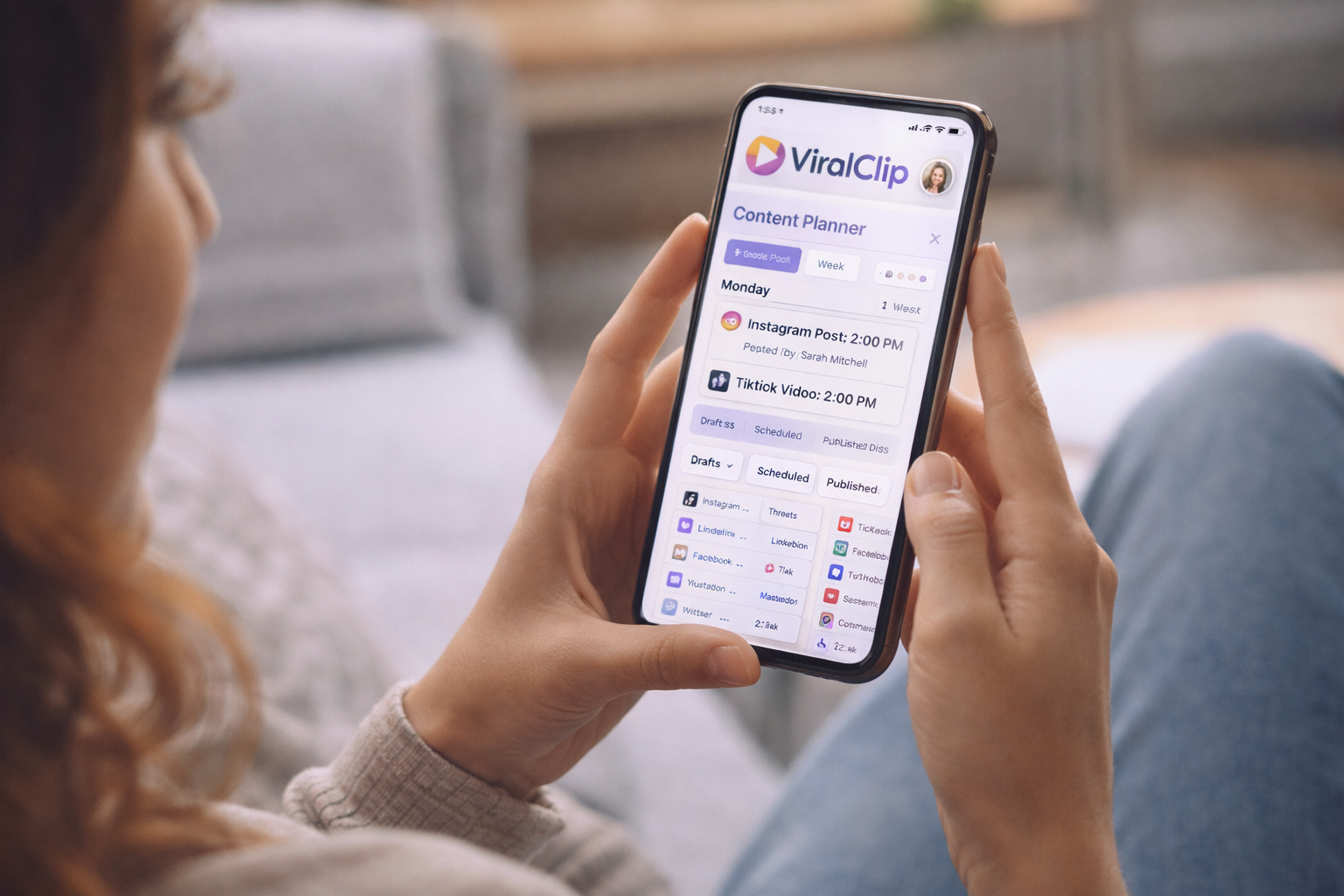 ViralClip mobile content planner showing scheduled posts